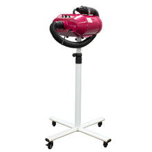 Load image into Gallery viewer, A red VORTEX Dual Pro Twin Motor Dryer with Heater on a white stand with wheels.