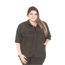 Load image into Gallery viewer, Pet groomer jacket
Water resistant grooming jacket

Hair repellent jacket
Bleach resistant jacket
Chemical proof jacket
Zippered pocket jacket
Durable grooming apparel
Professional grooming smock
Ladybird Line apparel
Grooming uniforms NZ

Woman wearing a black zip-up grooming jacket 