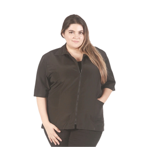 Pet groomer jacket
Water resistant grooming jacket

Hair repellent jacket
Bleach resistant jacket
Chemical proof jacket
Zippered pocket jacket
Durable grooming apparel
Professional grooming smock
Ladybird Line apparel
Grooming uniforms NZ

Woman wearing a black zip-up grooming jacket 