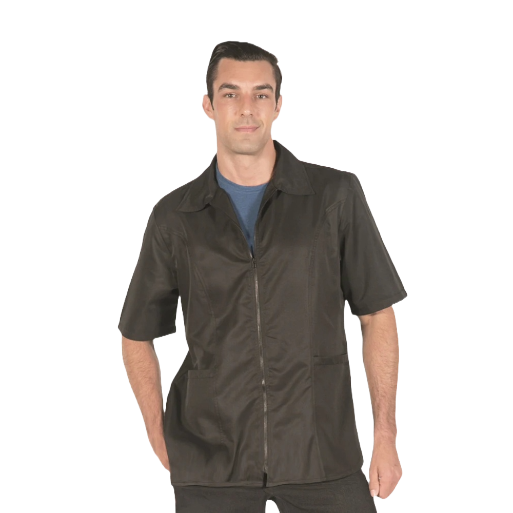 Man wearing a black short-sleeve grooming jacket

Pet groomer jacket
Water resistant grooming jacket

Hair repellent jacket
Bleach resistant jacket
Chemical proof jacket
Zippered pocket jacket
Durable grooming apparel
Professional grooming smock
Ladybird Line apparel
Grooming uniforms NZ
Unisex