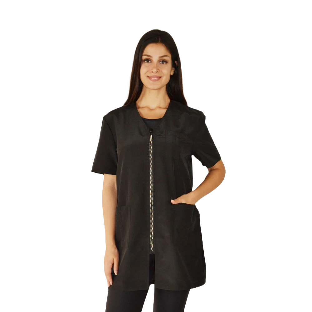 Woman wearing a black zip-up shirt on a white background

Pet groomer jacket
Water resistant grooming jacket

Hair repellent jacket
Bleach resistant jacket
Chemical proof jacket
Zippered pocket jacket
Durable grooming apparel
Professional grooming smock
Ladybird Line apparel
Grooming uniforms NZ
