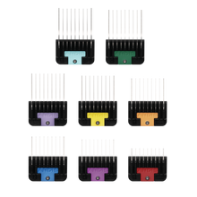 Load image into Gallery viewer, Andis Universal Attachment Combs
Stainless Steel Guide Combs
8-Piece Attachment Comb Set
Andis Clipper Combs 24845
Metal Grooming Comb Set
Universal fit clipper combs
Andis #10 #30 blade combs
Color-coded guide combs
Professional pet grooming accessories
Smooth cutting attachment combs
Grooming clipper guard sizes