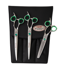 Load image into Gallery viewer, Geib Buttercut Wakizashi 3 piece shear set 
Geib Wakizashi 8.5 inch scissors kit
Professional dog grooming shears 3 pack
Geib Wakizashi curved straight blender shears
Scissors grooming kit
Ergonomic ball bearing dog grooming scissors
Stainless steel 48 tooth blending shear 
Professional pet scissoring set Auckland