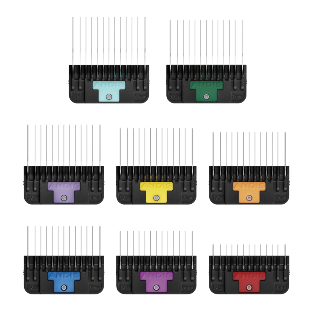 Andis Stainless Steel Wide Blade Comb Set 8 Pack + Container - 3mm to 2.5cm