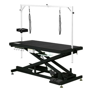 Shernbao Low-Low Electric Lift Grooming Table in black with built-in USB/power outlets, a clear storage drawer, and metal hanging hooks. The table is designed for low ground level and has an adjustable height mechanism.