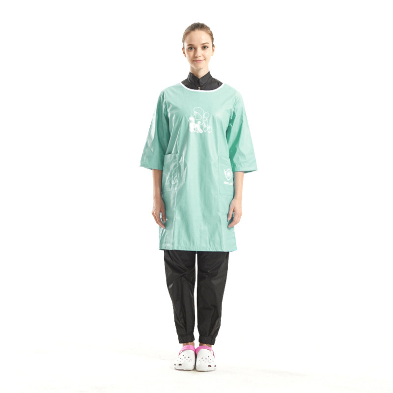 Shernbao Grooming Smock Apron with Short Sleeves - Turquoise