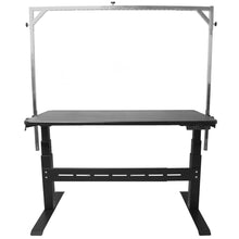 Load image into Gallery viewer, Shernbao Vertical Electric Lift Grooming Table 120cm in black with a metal frame and a tabletop surface, designed for pets.